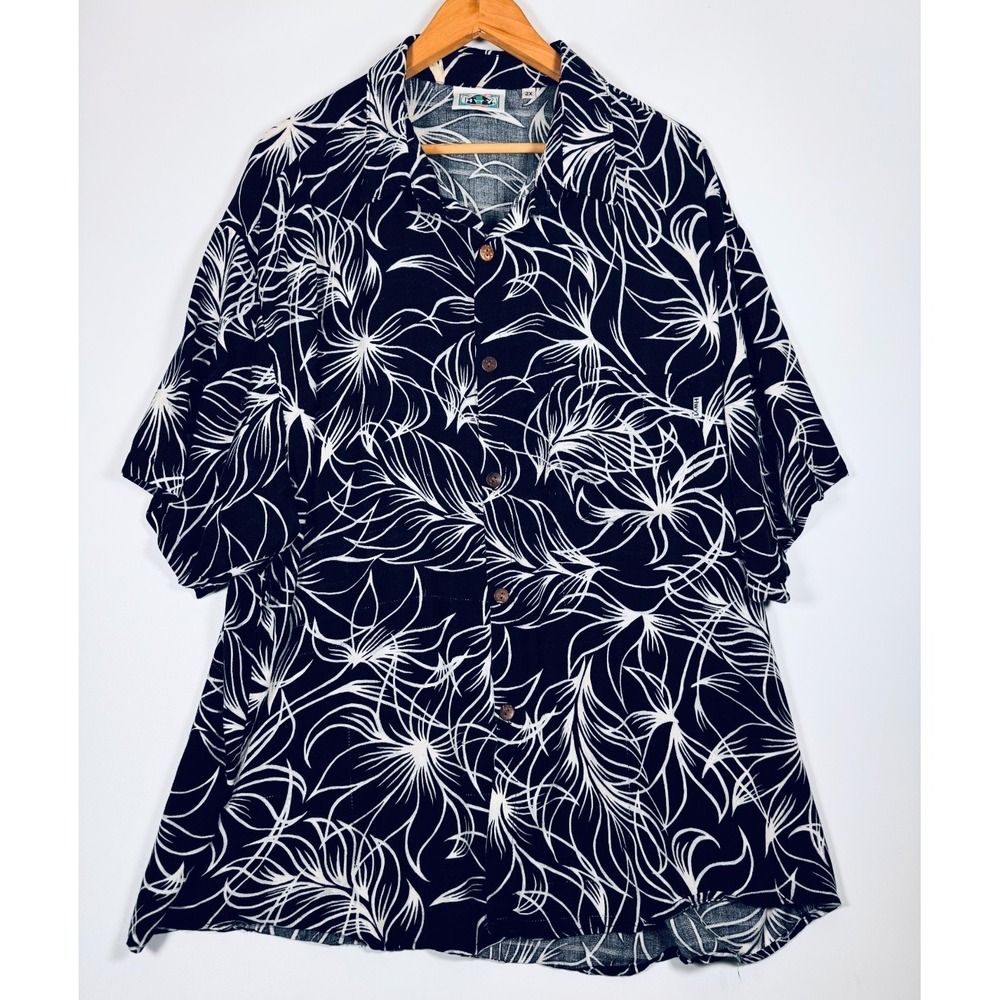 HWY 1‎ Hawaiian Shirt Mens 2X Black White Floral Aloha Camp Button Up Coastal